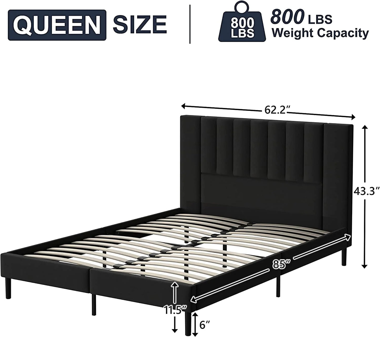 Queen Bed Frame Upholstered Bed Frame with Vertical Channel Tufted Complete High Headboard, Black