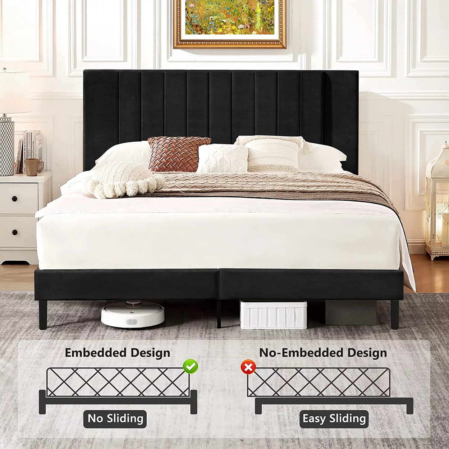 Queen Bed Frame Upholstered Bed Frame with Vertical Channel Tufted Complete High Headboard, Black