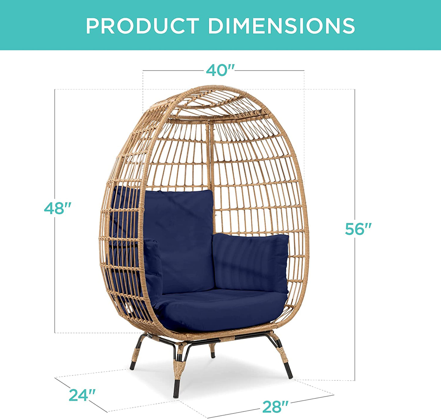 Wicker Egg Chair, Oversized Indoor Outdoor Lounger for Patio, Backyard, Living Room W/ 4 Cushions, Steel Frame, 440Lb Capacity - Navy