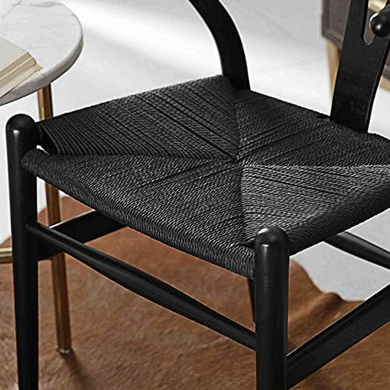 Solid Wood Wishbone Chair Y Chair Mid-Century Armrest Dining Chair, Rattan Armchair - (Ash Wood Black)