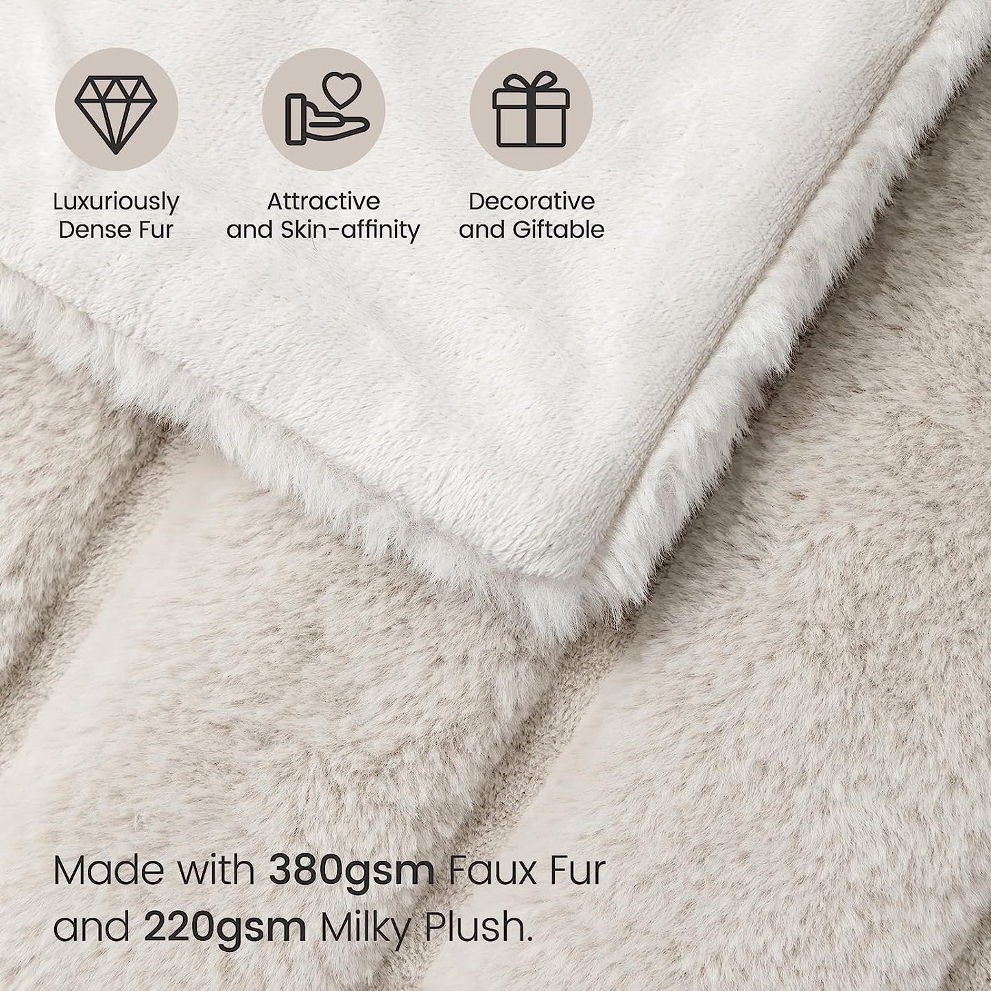 Faux Fur Throw Blanket for Couch, Cozy Soft Plush Thick Winter Blanket for Sofa Bedroom Living Room, 50 * 60 Inches Beige