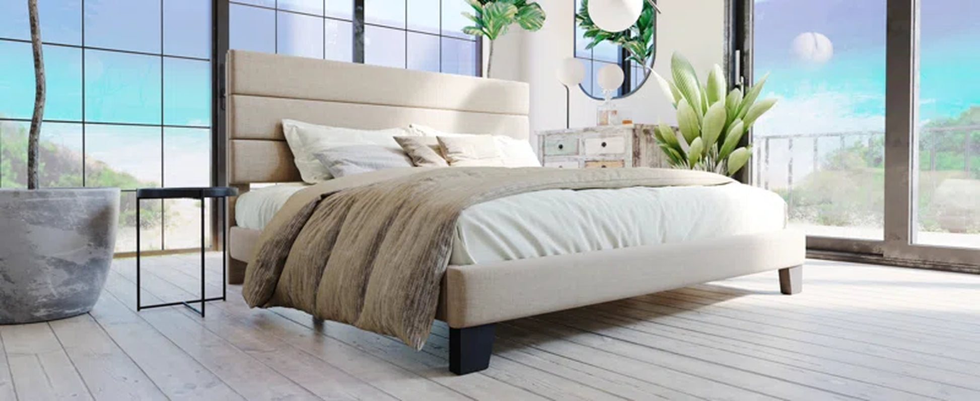 Elison Platform Bed with Fabric Upholstered Headboard and Wooden Slats