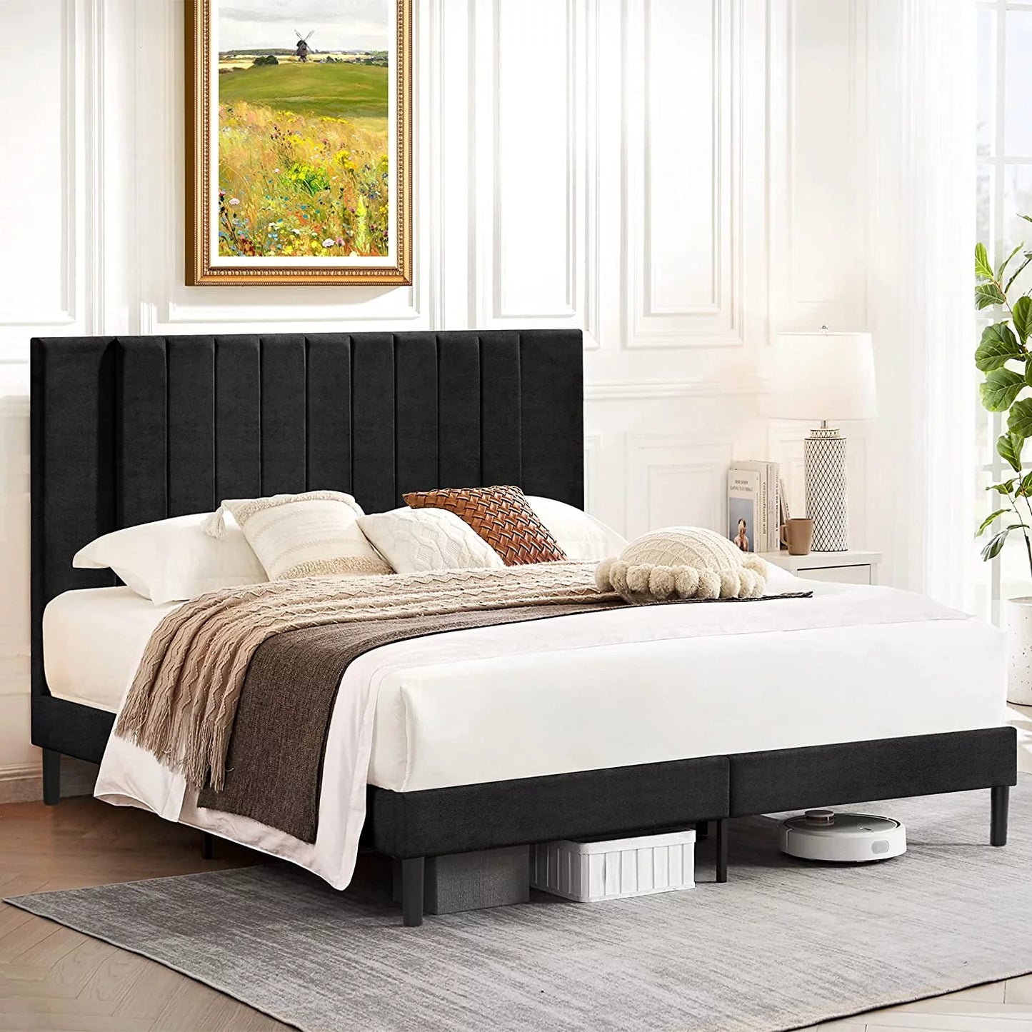 Queen Bed Frame Upholstered Bed Frame with Vertical Channel Tufted Complete High Headboard, Black