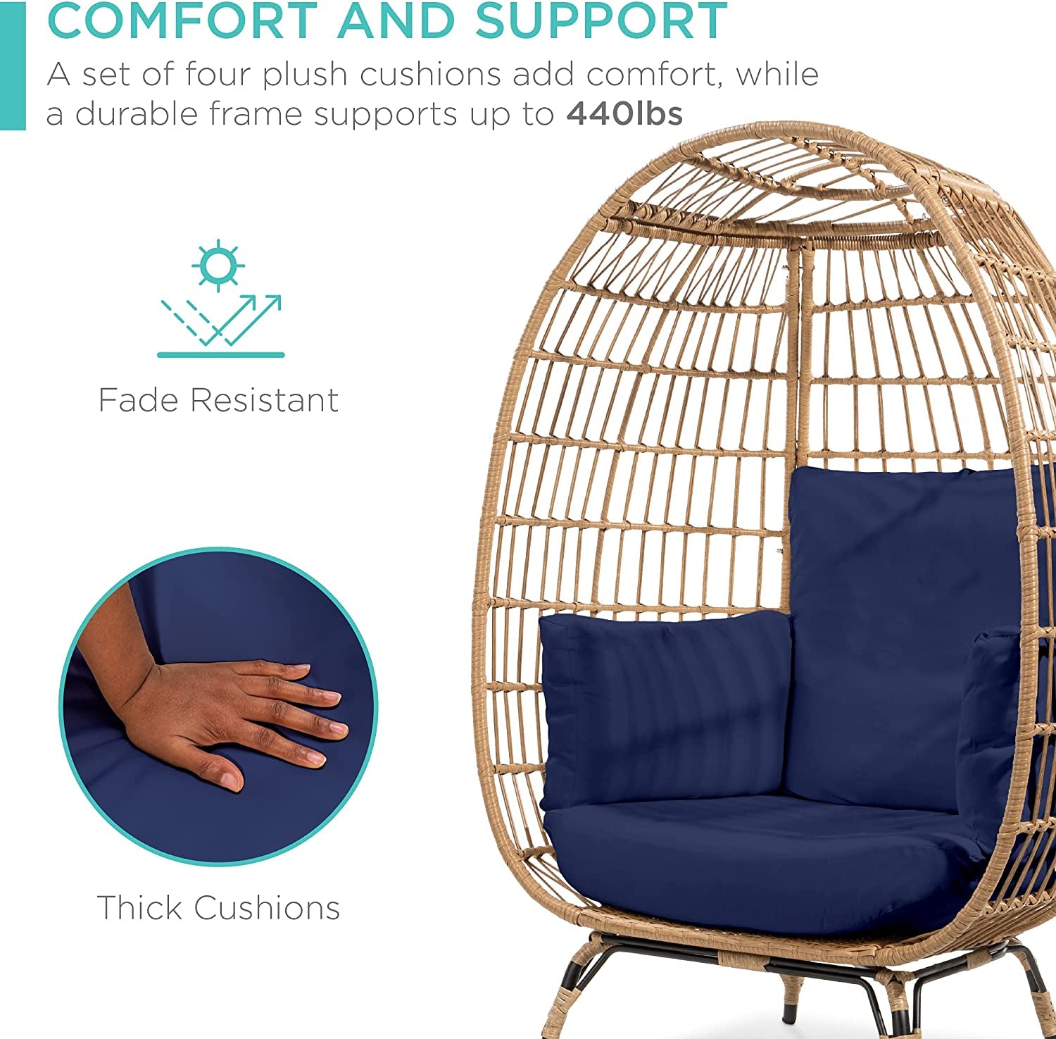 Wicker Egg Chair, Oversized Indoor Outdoor Lounger for Patio, Backyard, Living Room W/ 4 Cushions, Steel Frame, 440Lb Capacity - Navy