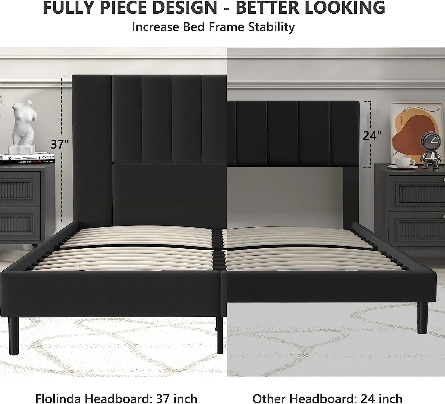 Queen Bed Frame Upholstered Bed Frame with Vertical Channel Tufted Complete High Headboard, Black