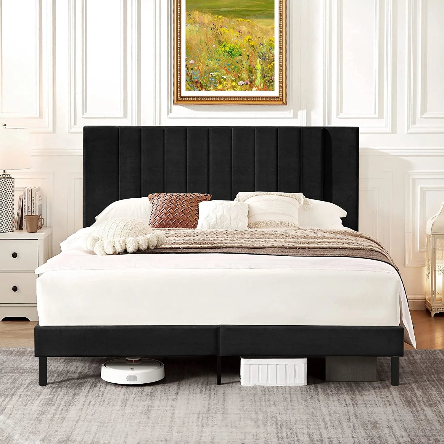 Queen Bed Frame Upholstered Bed Frame with Vertical Channel Tufted Complete High Headboard, Black