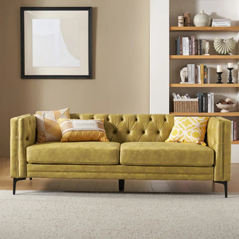 Brinna Contemporary 84" Upholstered Button-Tufted Sofa with Metal Legs