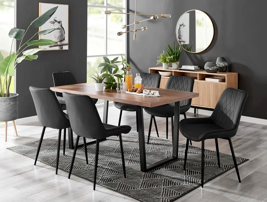 Wood Effect Top Rectangular Dining Table with U-Shape Black Metal Legs 6 - Person Dining Set