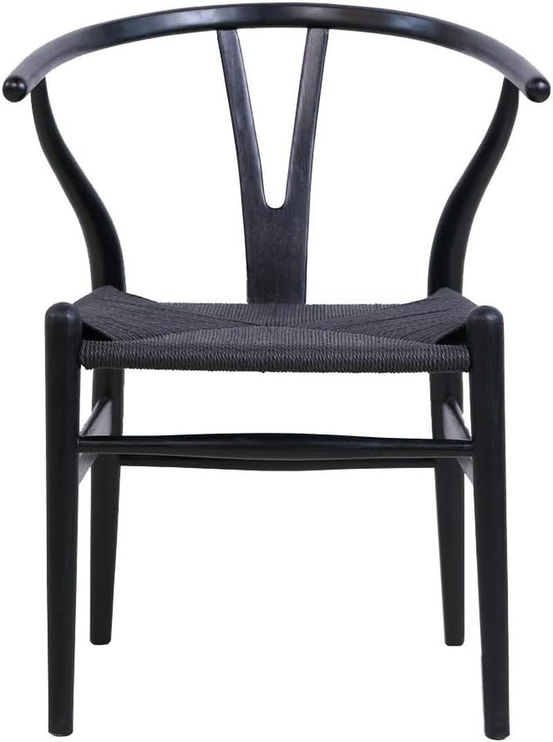 Solid Wood Wishbone Chair Y Chair Mid-Century Armrest Dining Chair, Rattan Armchair - (Ash Wood Black)